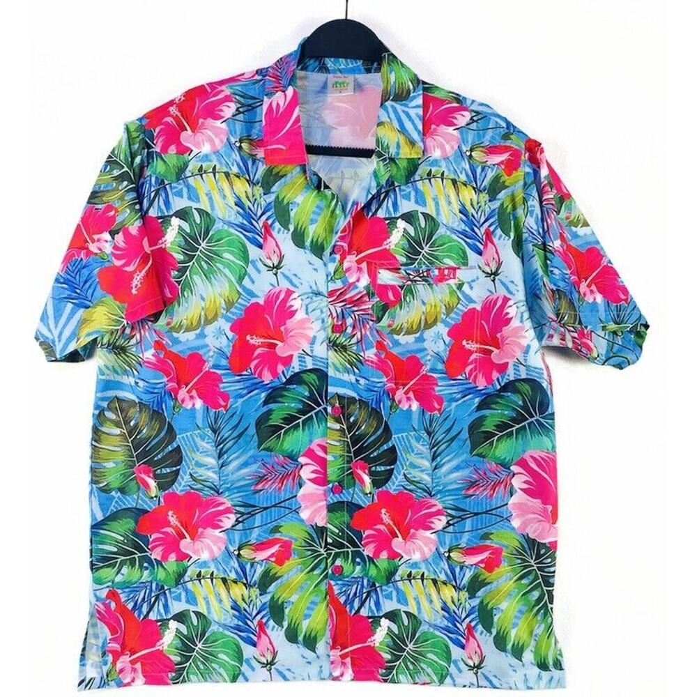 Happy Bay Hawaiian Shirt Men's Size Medium Button Up Blue Green Red